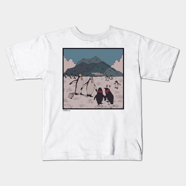 Traveling Penguins Kids T-Shirt by greenishsapphire